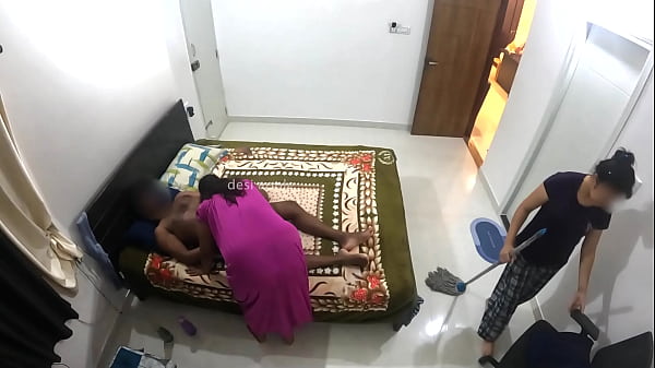 Having fun with husband while maid cleaning room